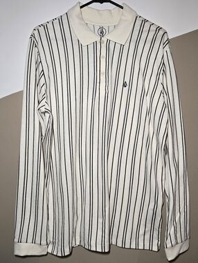Volcom Men's Nick Long Sleeve Polo Shirt Cream Grey Black Stripes Small Logo